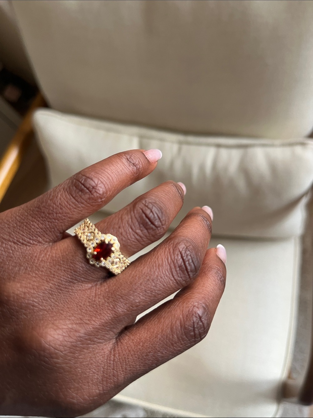 Gold Filigree Ring with Red Gemstone
